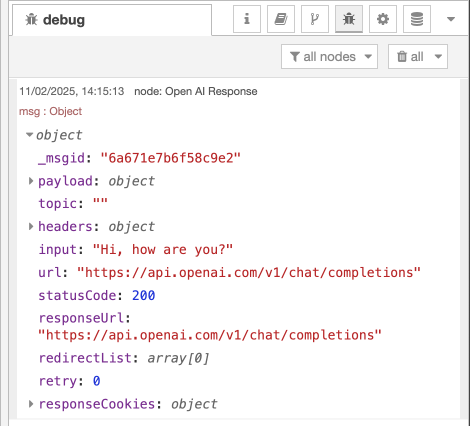 Node-RED LLM Ouput Debug