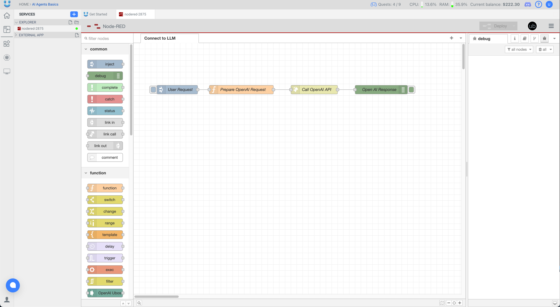 Node-RED Basic flow to connect to LLM