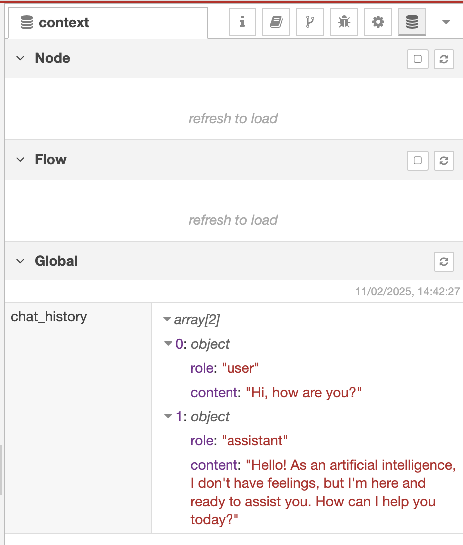 Node-RED Context Window for AI Agent State