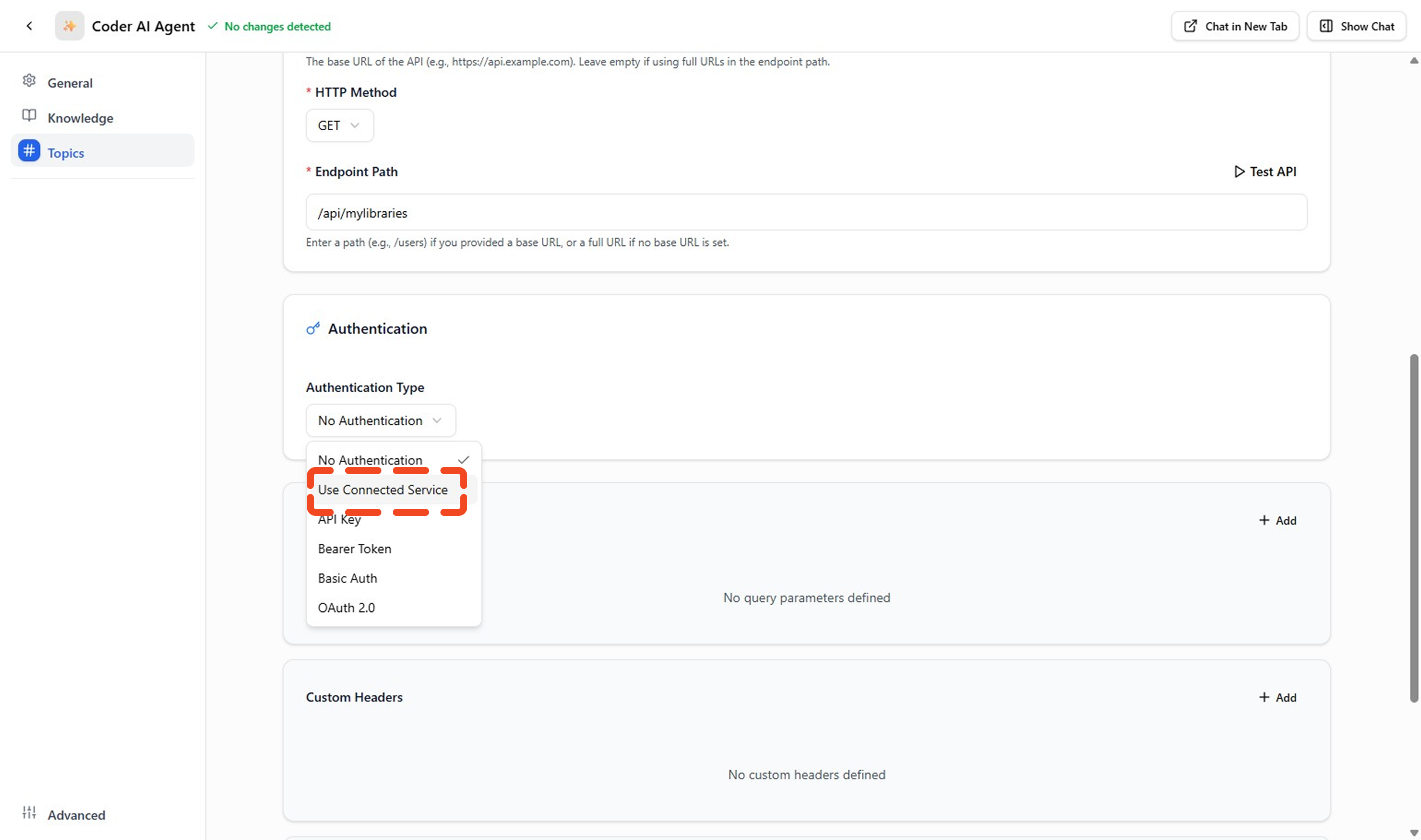 In Auth Section Select Use Connected Service